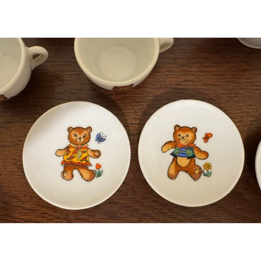 Vintage 1980s Miniature Porcelain Teddy Bears in Bathing Suits Tea Set Japan 19p